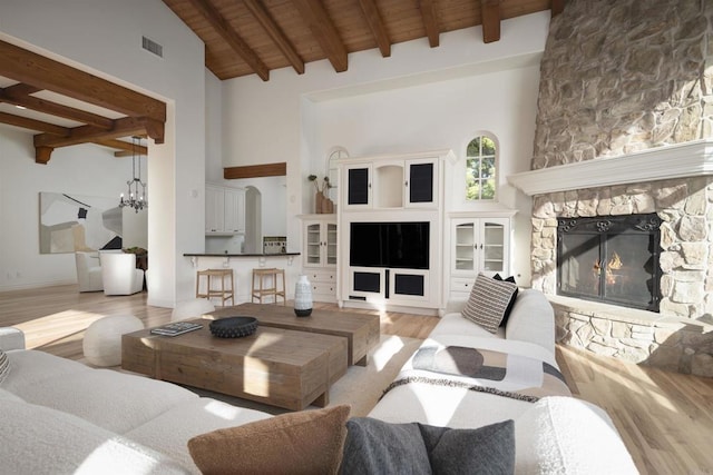 living room featuring wood ceiling, beam ceiling, light hardwood / wood-style floors, and high vaulted ceiling