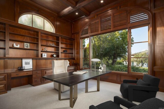 6725 Calle Ponte Bella, Rancho Santa Fe, CA 92091 - office space featuring light carpet, built in desk, recessed lighting, a decorative wall, and wood ceiling