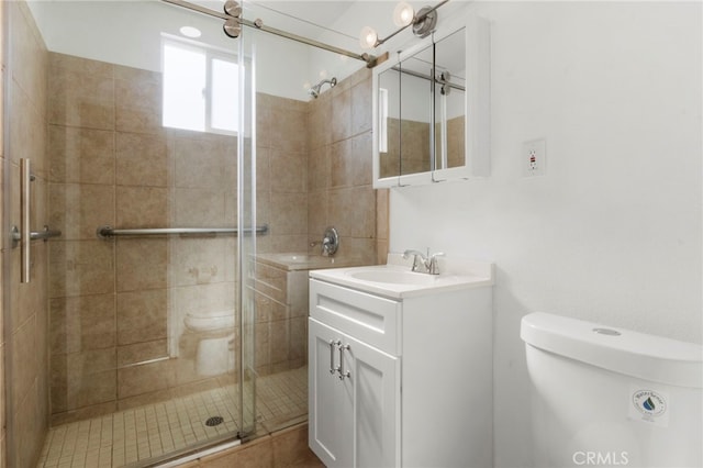 bathroom with a shower with door, vanity, and toilet