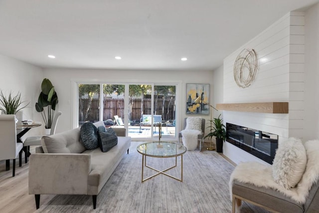 living room with a fireplace and light hardwood / wood-style flooring