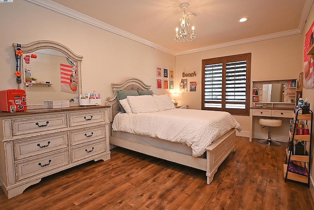 bedroom with dark wood-type flooring, crown molding, and a chandelier