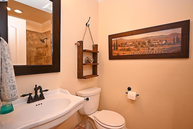 bathroom featuring ornamental molding, toilet, and sink