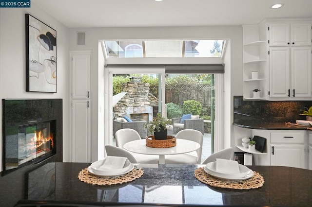 dining area with a fireplace