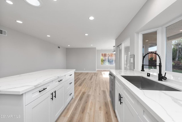 kitchen featuring white cabinetry, sink, light stone counters, and stainless steel dishwasher