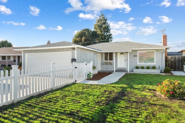 ranch-style home featuring a garage and a front lawn