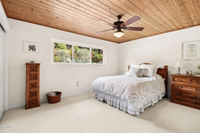 bedroom with ceiling fan, carpet flooring, and wooden ceiling