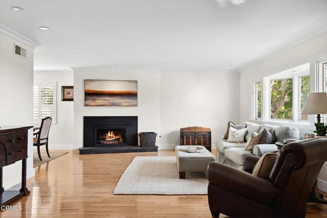 living room featuring crown molding and light wood-type flooring