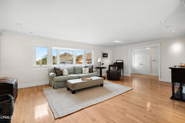 living room with light hardwood / wood-style flooring and ornamental molding