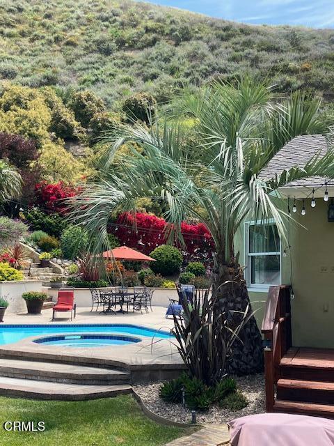 view of swimming pool featuring an in ground hot tub and a patio