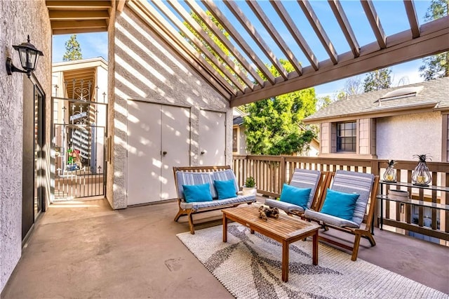 view of patio / terrace featuring outdoor lounge area and a pergola