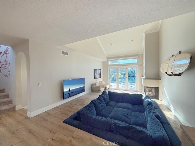 living room with baseboards, visible vents, arched walkways, a glass covered fireplace, and wood finished floors