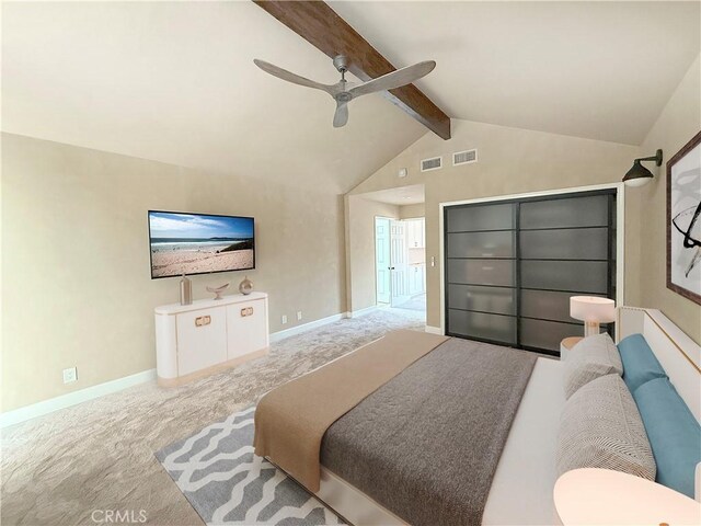 bedroom with lofted ceiling with beams, light colored carpet, and ceiling fan