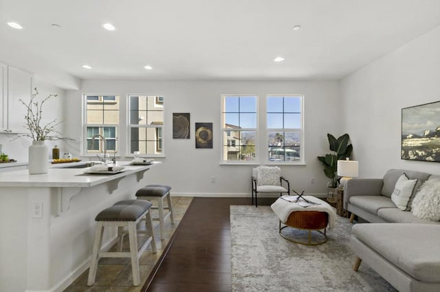 living room featuring sink, dark wood-type flooring, and a healthy amount of sunlight