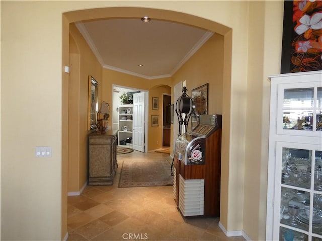 hallway featuring ornamental molding