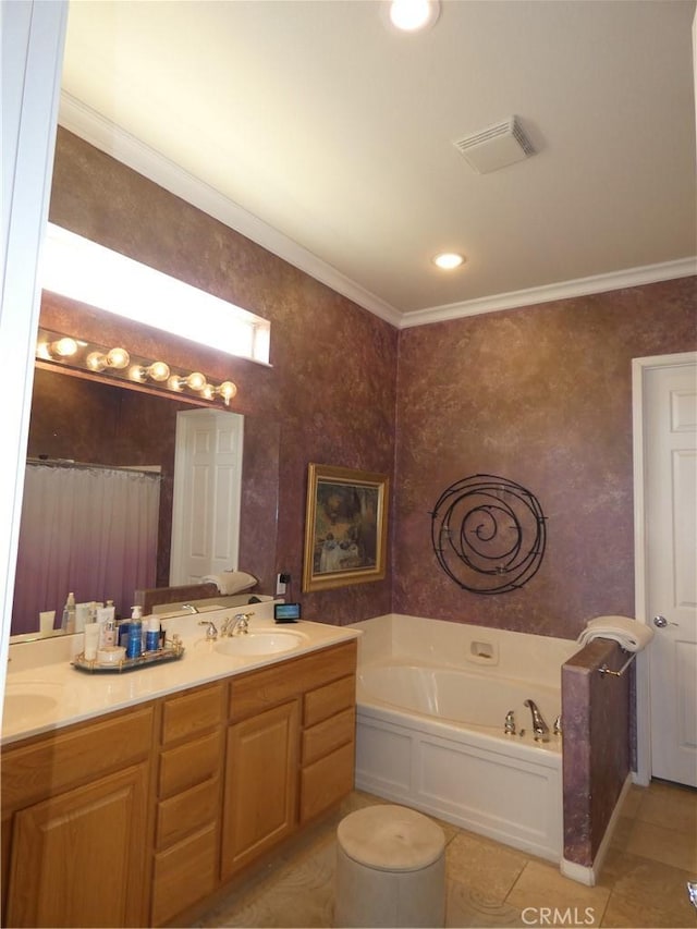 bathroom featuring tile patterned flooring, a bath, crown molding, and vanity