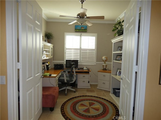 home office featuring light tile patterned floors, crown molding, and ceiling fan