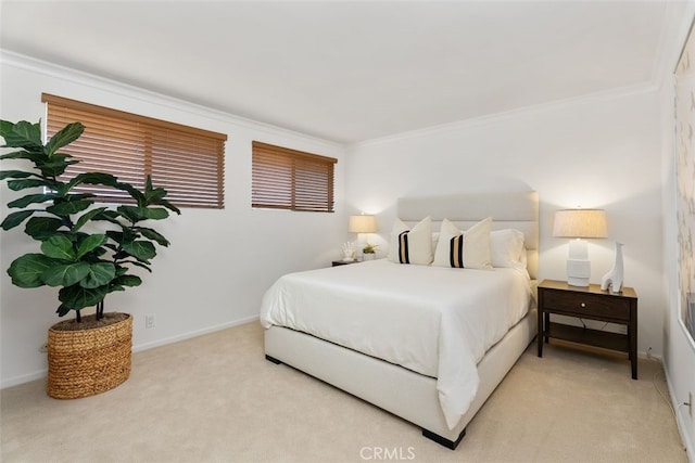 carpeted bedroom with ornamental molding