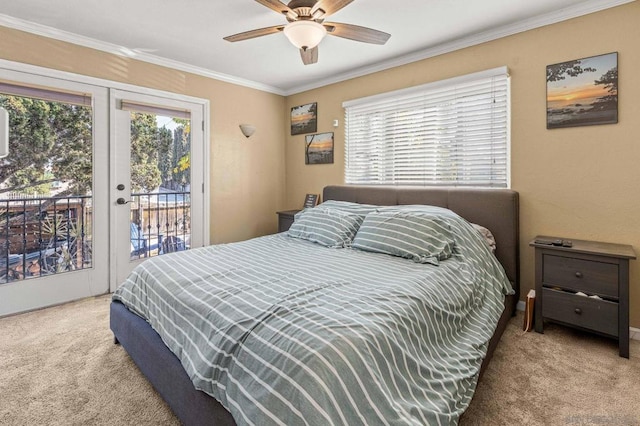 bedroom with french doors, crown molding, light carpet, access to outside, and ceiling fan