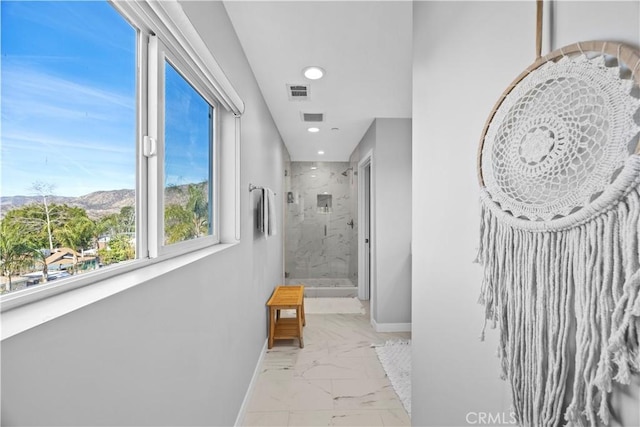 hallway with a mountain view