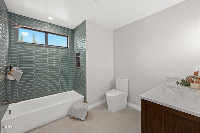 full bathroom with tiled shower / bath combo, vanity, and toilet