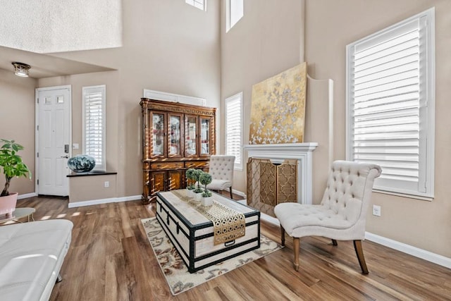 sitting room with hardwood / wood-style flooring and a high ceiling