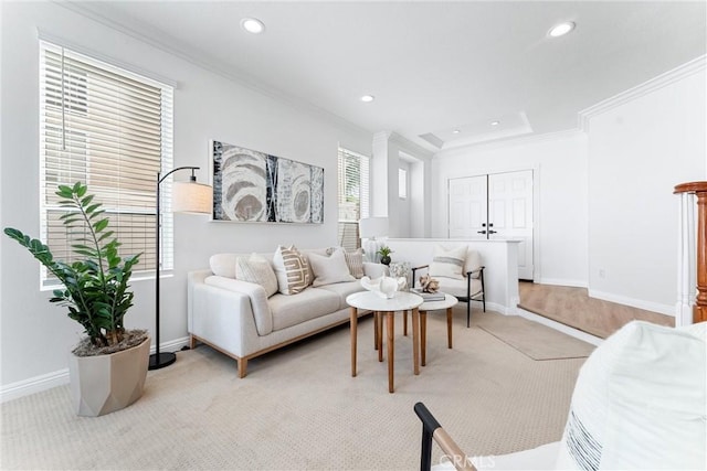 living room with crown molding and light carpet