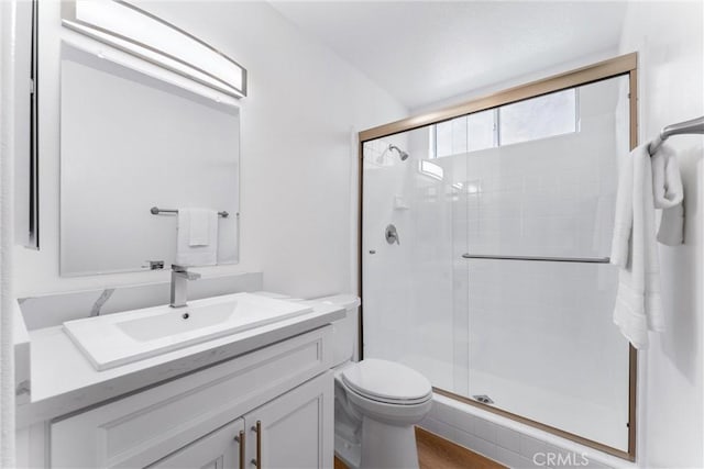 bathroom featuring vanity, wood-type flooring, a shower with door, and toilet