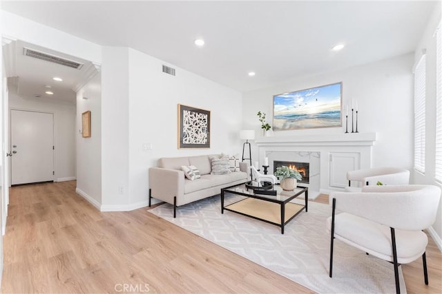 living room featuring a fireplace and light hardwood / wood-style flooring