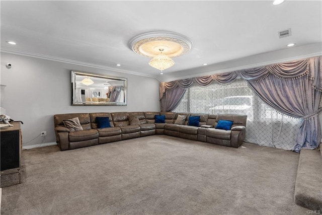 living room with carpet floors and crown molding