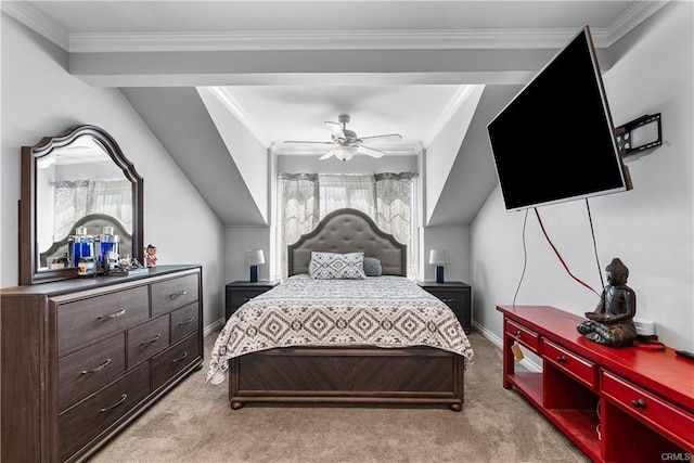 bedroom featuring light carpet and crown molding