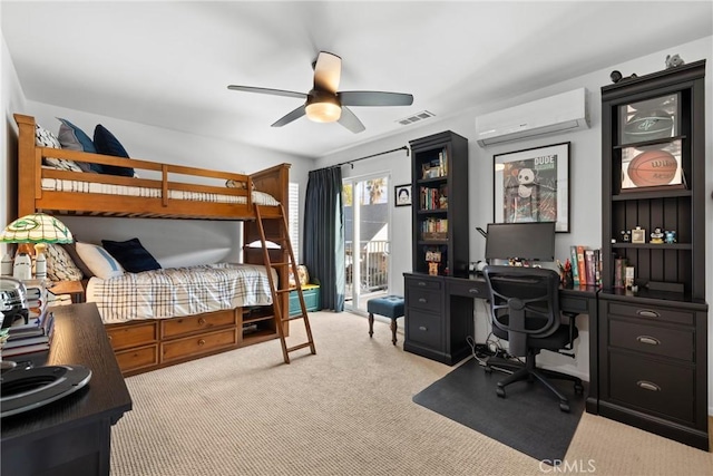 bedroom with an AC wall unit, light colored carpet, access to exterior, and ceiling fan