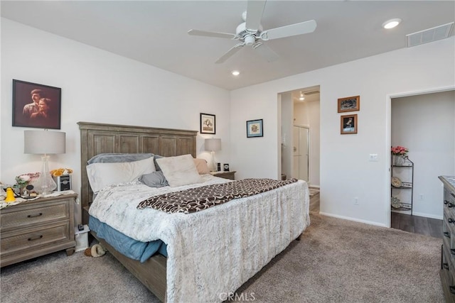 bedroom with ceiling fan and carpet flooring