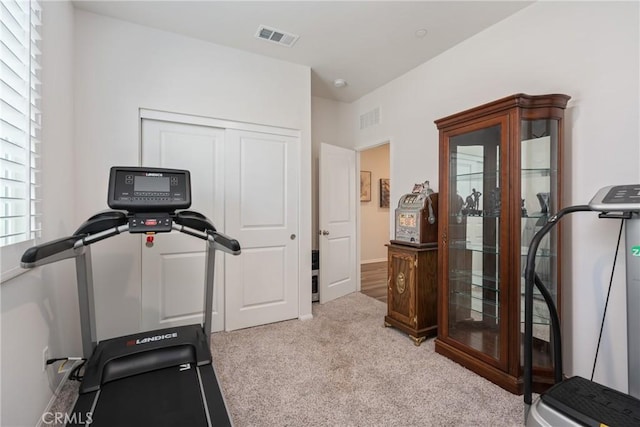 exercise area with light colored carpet