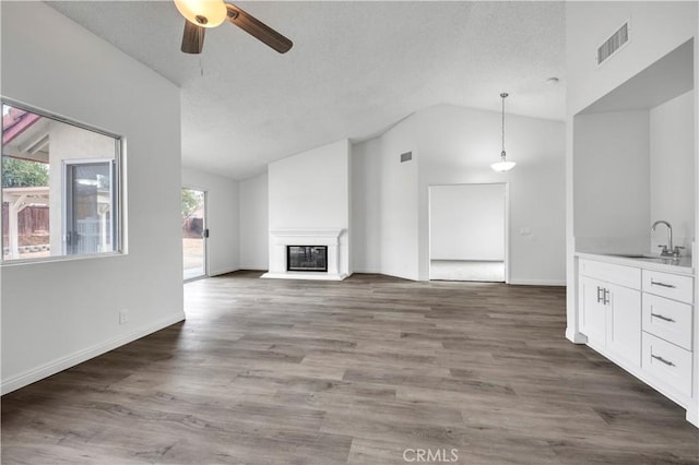 unfurnished living room with dark wood-type flooring, lofted ceiling, sink, and a wealth of natural light