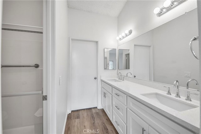 bathroom featuring vanity, wood-type flooring, and a textured ceiling