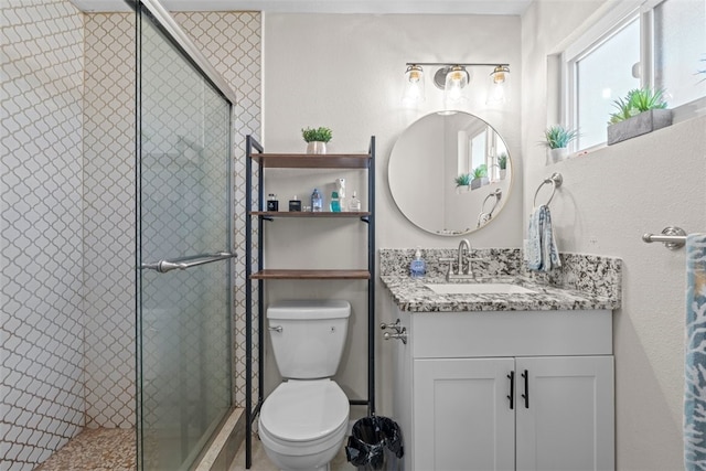 bathroom featuring vanity, toilet, and a shower with door