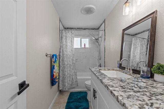 full bathroom featuring shower / bath combo, vanity, tile patterned floors, and toilet