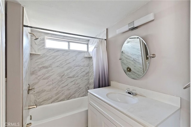 full bath featuring shower / tub combo with curtain and vanity