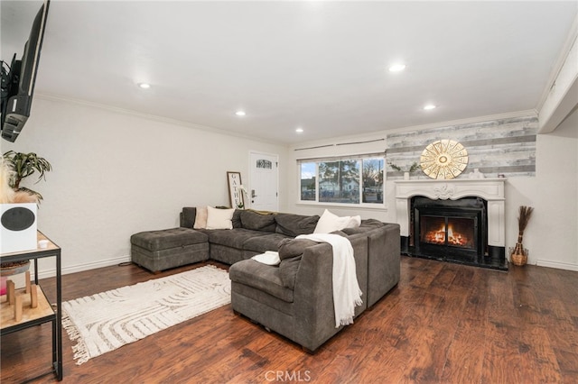 living room featuring ornamental molding and dark hardwood / wood-style floors