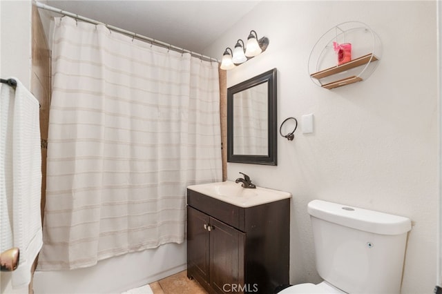 full bathroom featuring vanity, shower / tub combo, tile patterned floors, and toilet