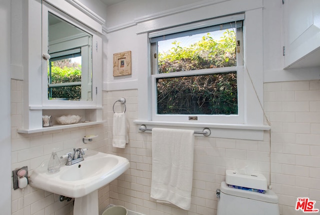 bathroom with tasteful backsplash, toilet, sink, and a wealth of natural light