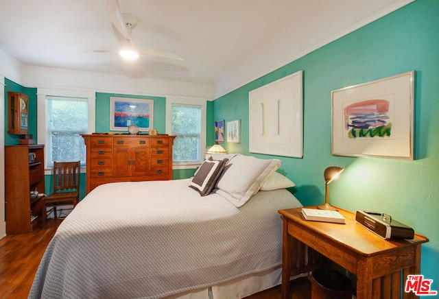 bedroom featuring dark hardwood / wood-style floors and ceiling fan