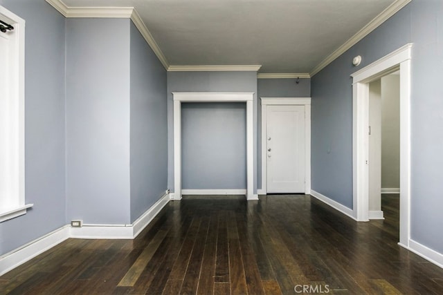 interior space with crown molding and dark wood-type flooring