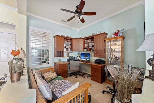 tiled office space featuring ornamental molding and ceiling fan