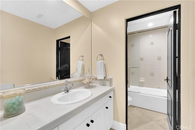 full bathroom with enclosed tub / shower combo, vanity, tile patterned floors, and toilet