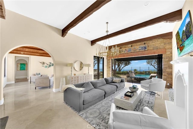 living room featuring beam ceiling