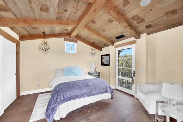 bedroom with a notable chandelier, dark wood-type flooring, wooden ceiling, and lofted ceiling with beams