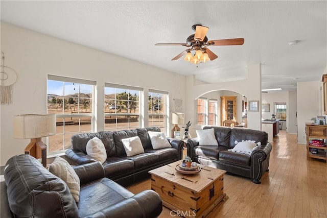 living room with ceiling fan, a healthy amount of sunlight, and light wood-type flooring