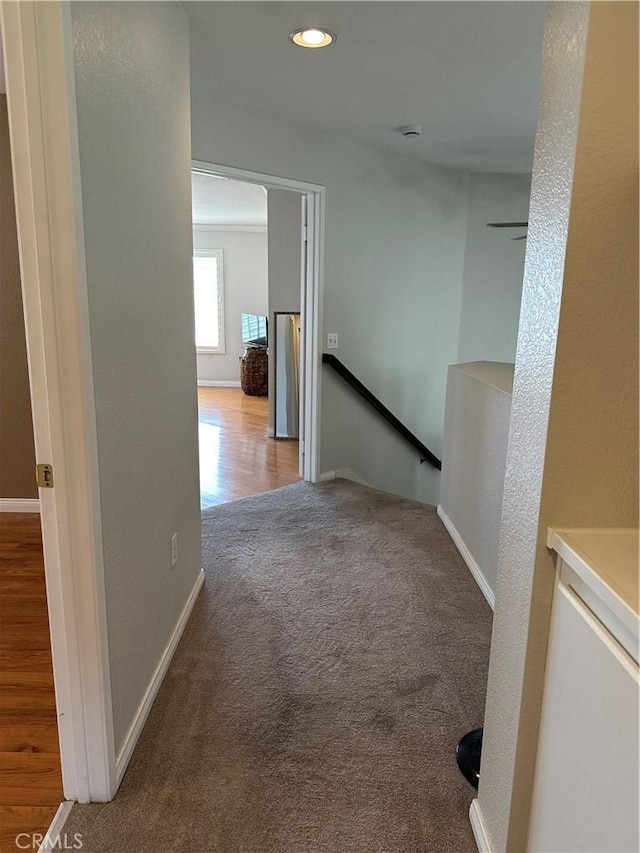 1310 Parsley Ln, Corona, CA 92879 - hallway with an upstairs landing, carpet flooring, and recessed lighting