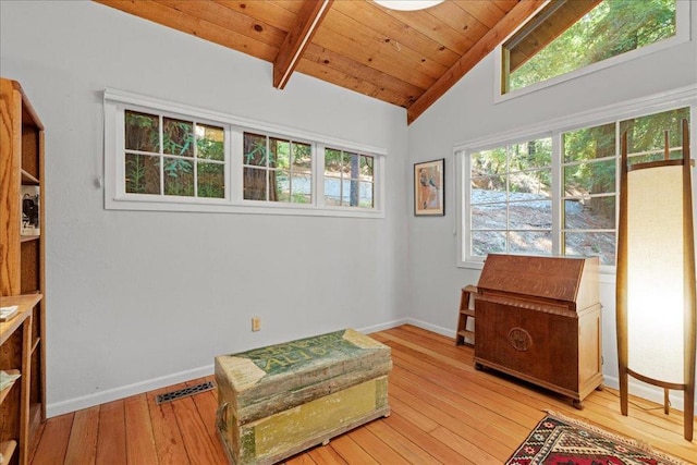 sitting room featuring lofted ceiling with beams, hardwood / wood-style floors, and wooden ceiling